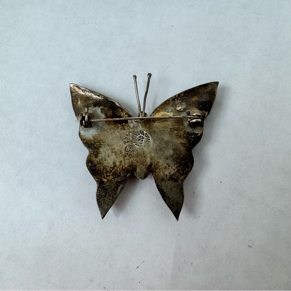 Vintage Mexican Sterling Silver 925 Abalone Butterfly Brooch Blue Green Pin - Picture 5 of 16